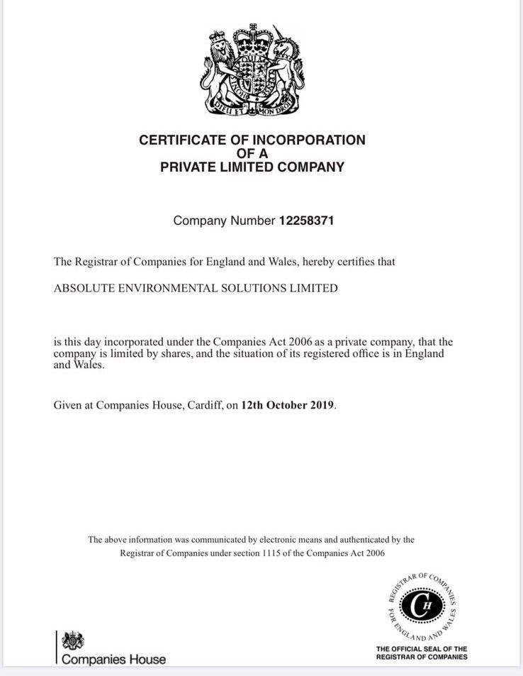 Companies House certificate of incorporation for Absolute Environmental Solutions Limited, company number 12258371, dated 12 October 2019.