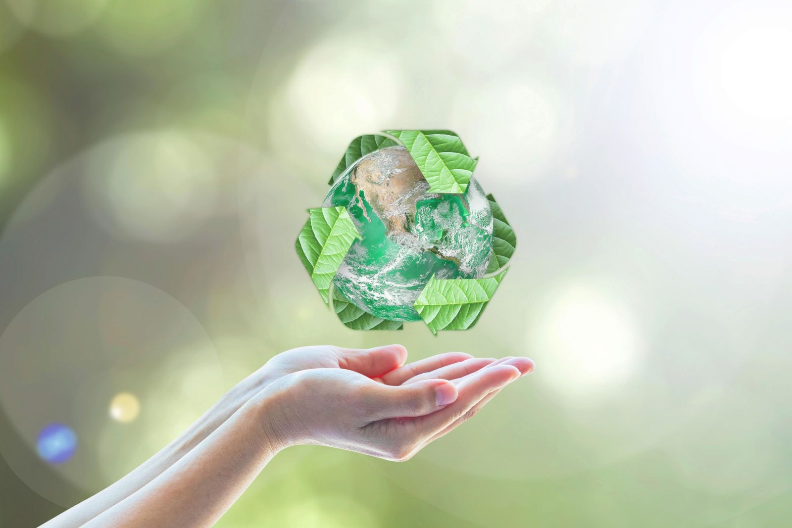A recycling symbol formed from green leaves around planet Earth, held above a pair of open hands, representing sustainable total waste management.